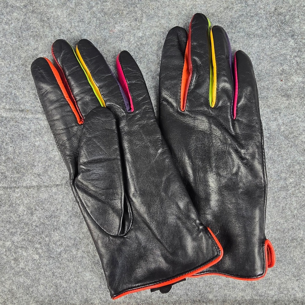 Mywalit Hester Van Eeghen Rainbow Leather Gloves Wool Lined Size 8.5 Black RARE